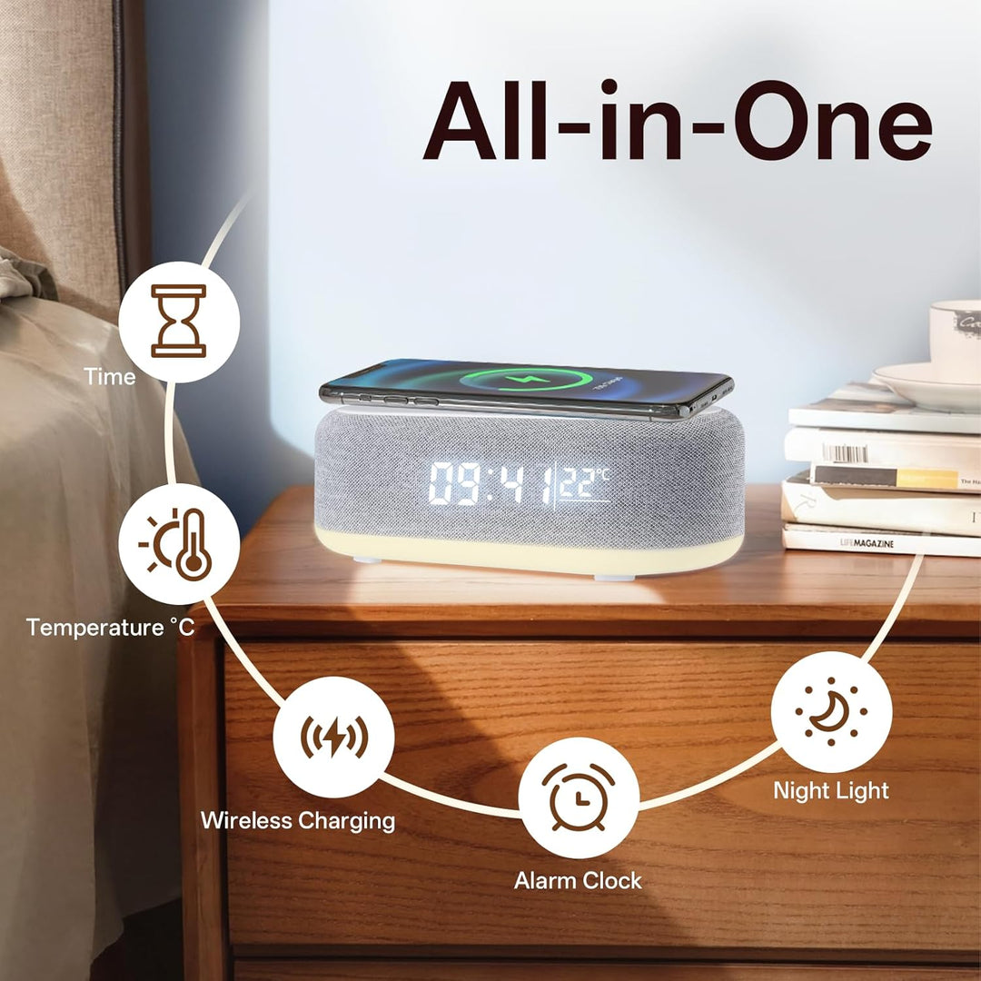 4 In1 Wecker Digital, Wecker mit Ladestation, Wireless Charger, Smart Wecker mit Licht und Temperatu