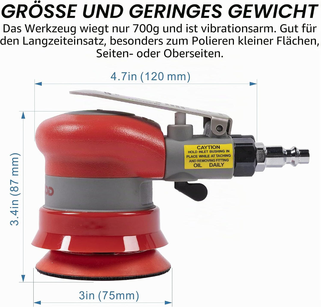 UPWOOD 75mm Druckluft-Exzenterschleifer, 3 Zoll, leicht, ohne Absaugung, 3/32" Hub, 12.000 U/min, mi