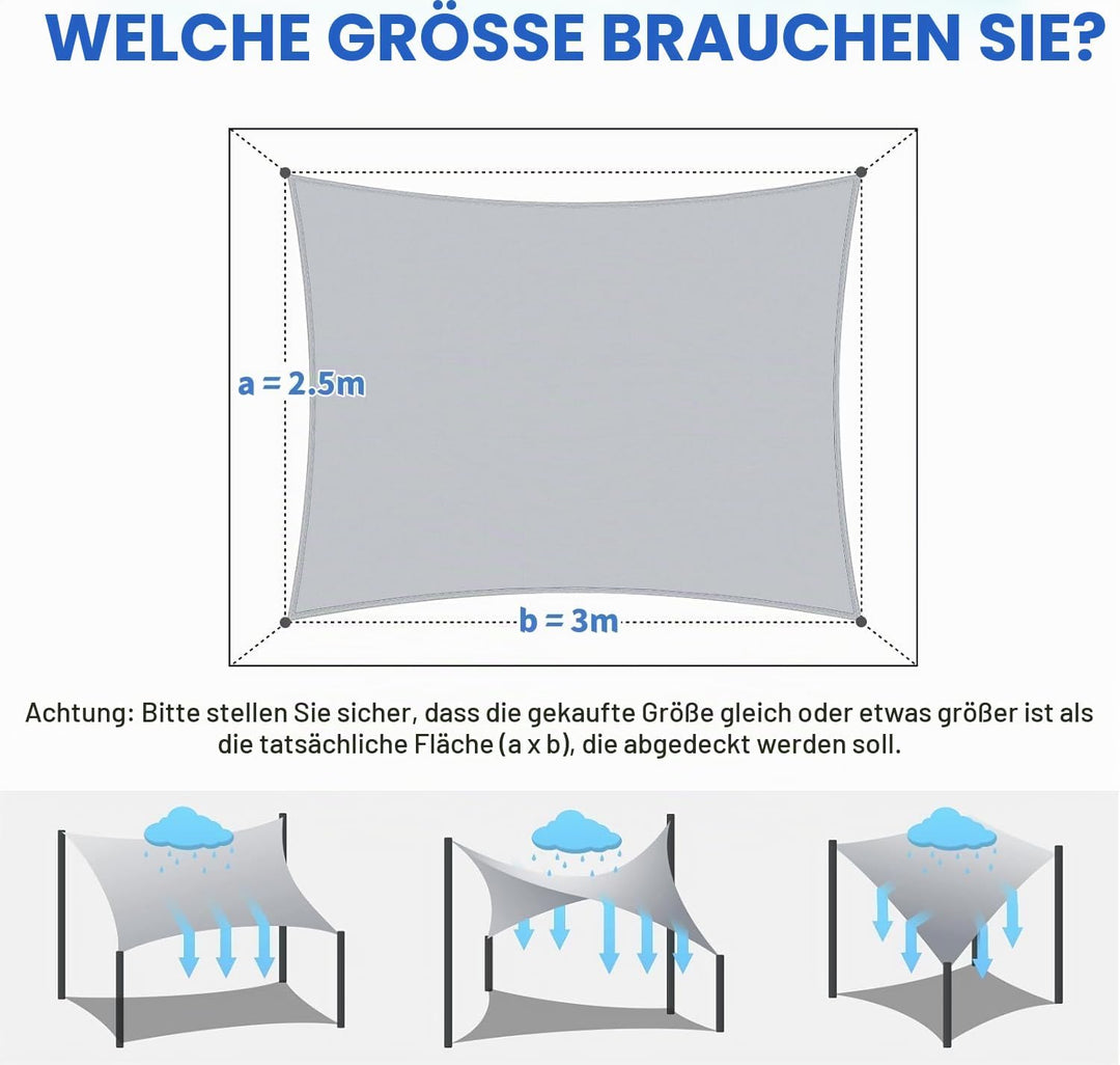 KAHEIGN Sonnensegel Wasserdicht 2,5m x 3m Rechteckig Sonnenschutz Wetterschutz Segel, 98% UV-Schutz