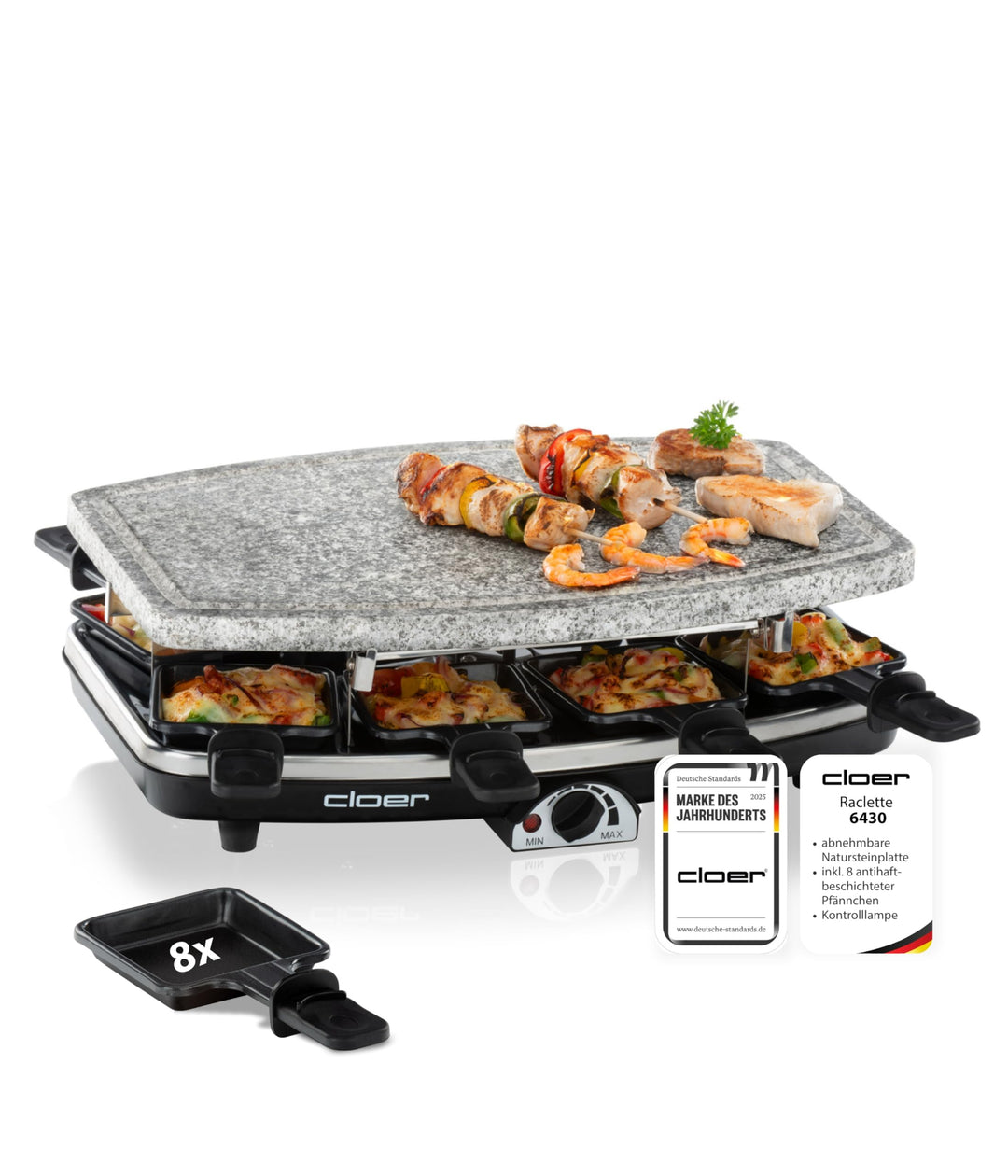 Cloer 6430 Raclette-Grill mit Naturstein, (1200 Watt, 8 Pfännchen antihaftbeschichtet mit wärmeisoli