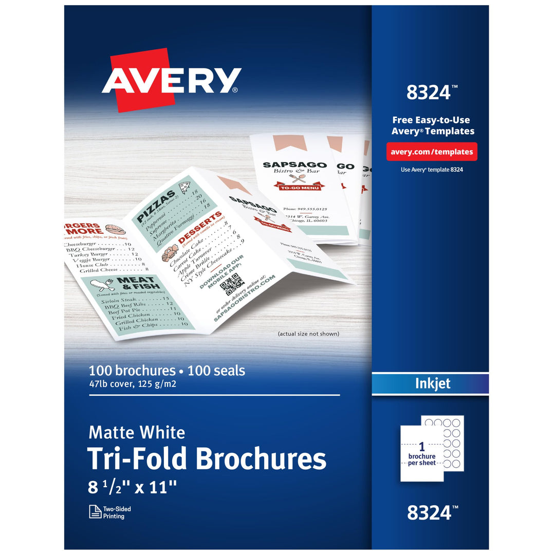 AVERY 3-fach bedruckbares Prospektpapier, Tintenstrahldrucker, 100 Broschüren und Versandsiegel, 8,5