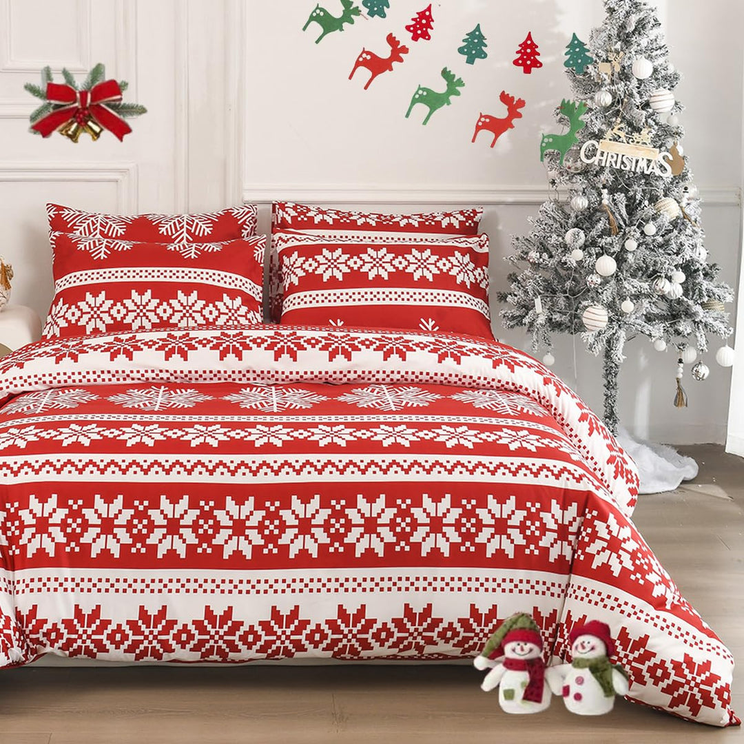 DXHOME Weihnachten Bettwäsche Set 135x200cm Rot Wintermotiv Schneeflocken Weiche Mikrofaser Teenager