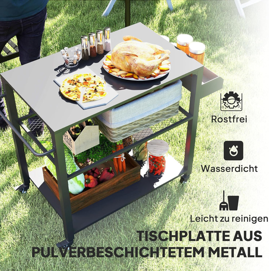 Outsunny Grillwagen 3-Etagen Servierwagen mit Arbeitsfläche Ablagen Räder, BBQ Grilltisch aus Edelst