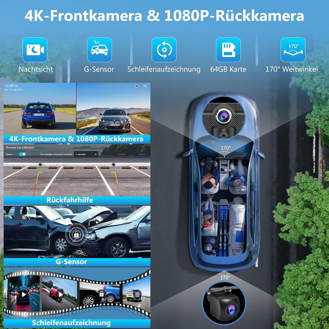 Carpuride W125S Carplay Bildschirm mit 3 Kanal Dash Cam, 4K Front & 1080P Rückkamera, 1080P Infrarot