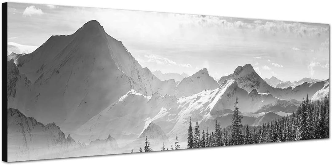 Paul Sinus Art Leinwandfoto als Panorama SCHWARZ/Weiss 150x50cm Berge Wald Schnee Wolken Sonnenstrah