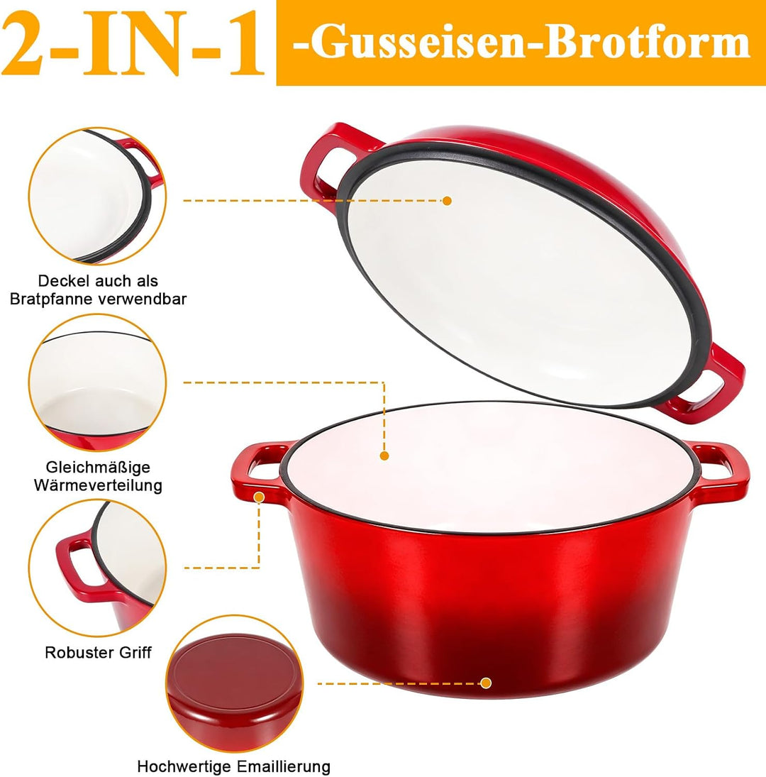 Gusseisen Topf Brot Backen Brotbackform 26cm 5.7L Schmortopf Emaille Gusseiserner mit Deckel | Gusse