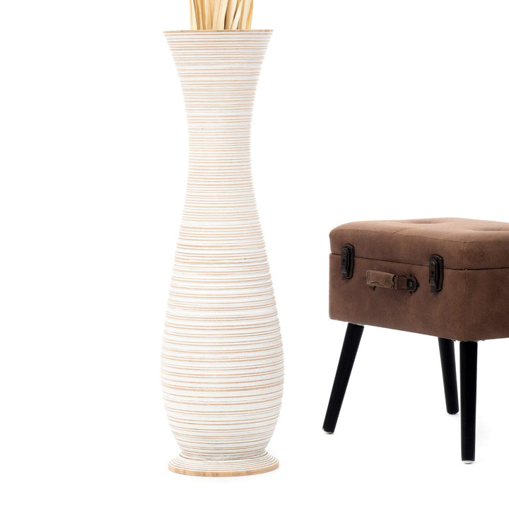 Leewadee Grosse Bodenvase für Dekozweige hohe Standvase Design Holzvase, Holz, 90 cm, White wash 90