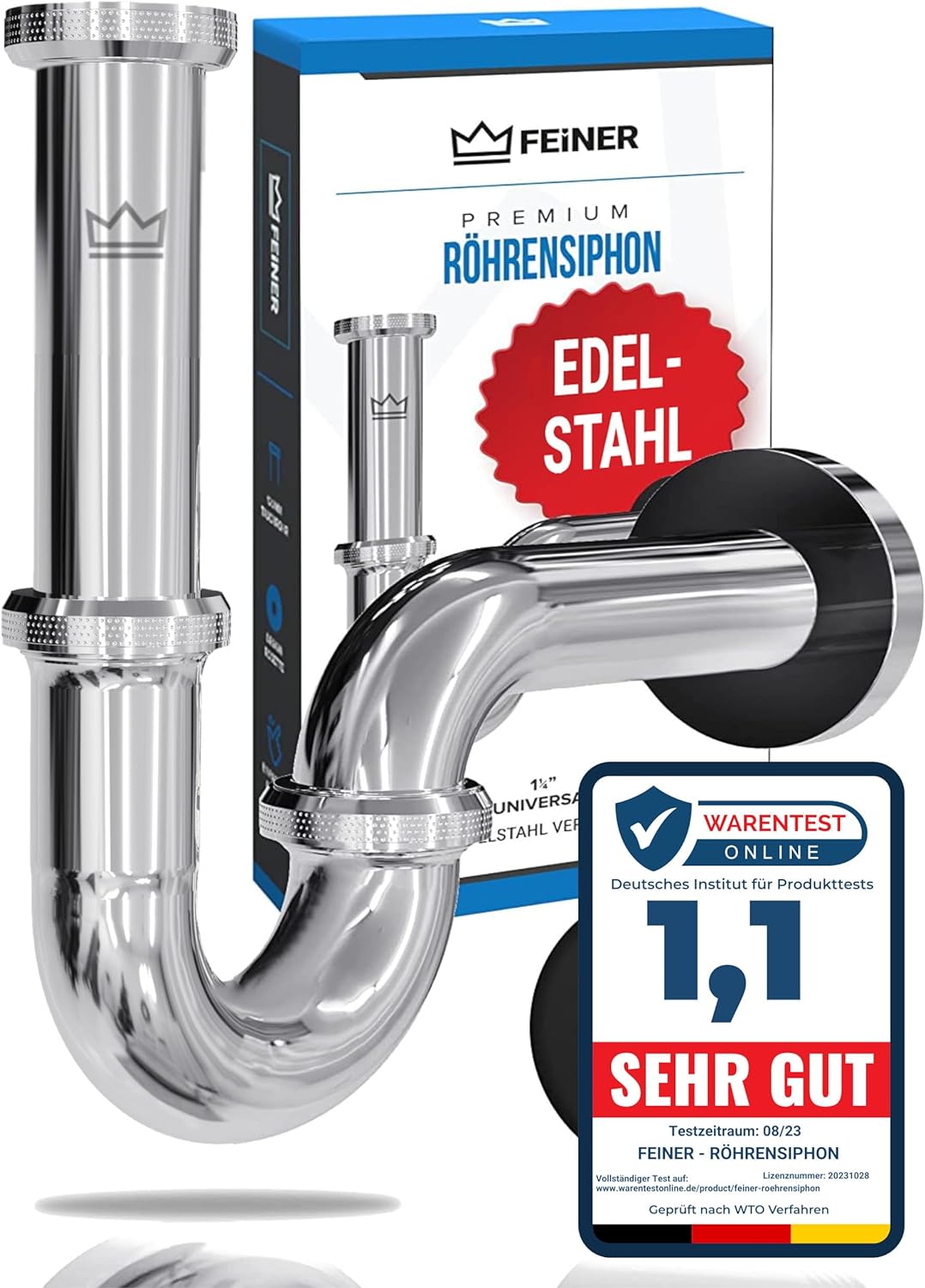 FEINER® - Premium Universal Siphon für Waschbecken Edelstahl, Abflussrohr Tauchrohr 2-12cm höhenvers