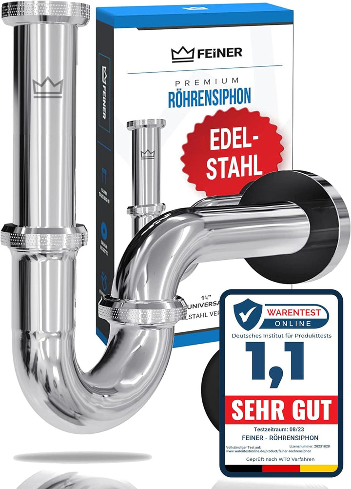 FEINER® - Premium Universal Siphon für Waschbecken Edelstahl, Abflussrohr Tauchrohr 2-12cm höhenvers
