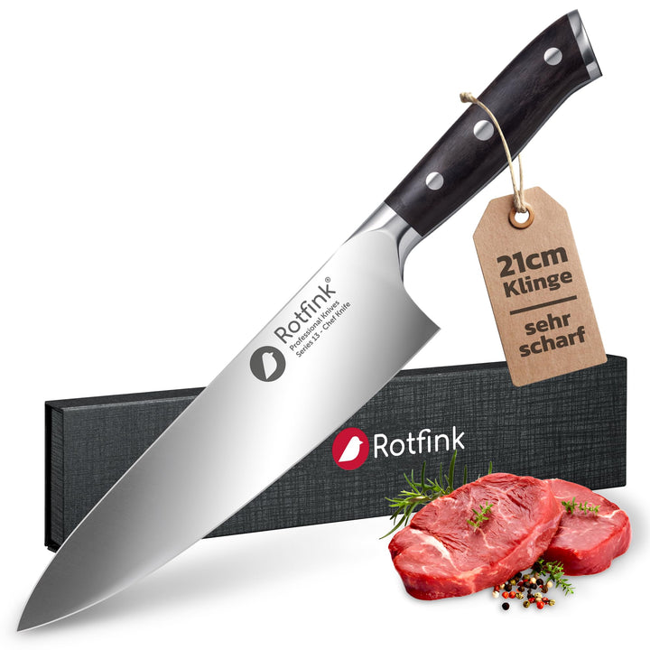 Kochmesser 21 cm, Profi Küchenmesser scharf, Chefmesser, Fleischmesser, Edelstahl 56-58 HRC, ergonom