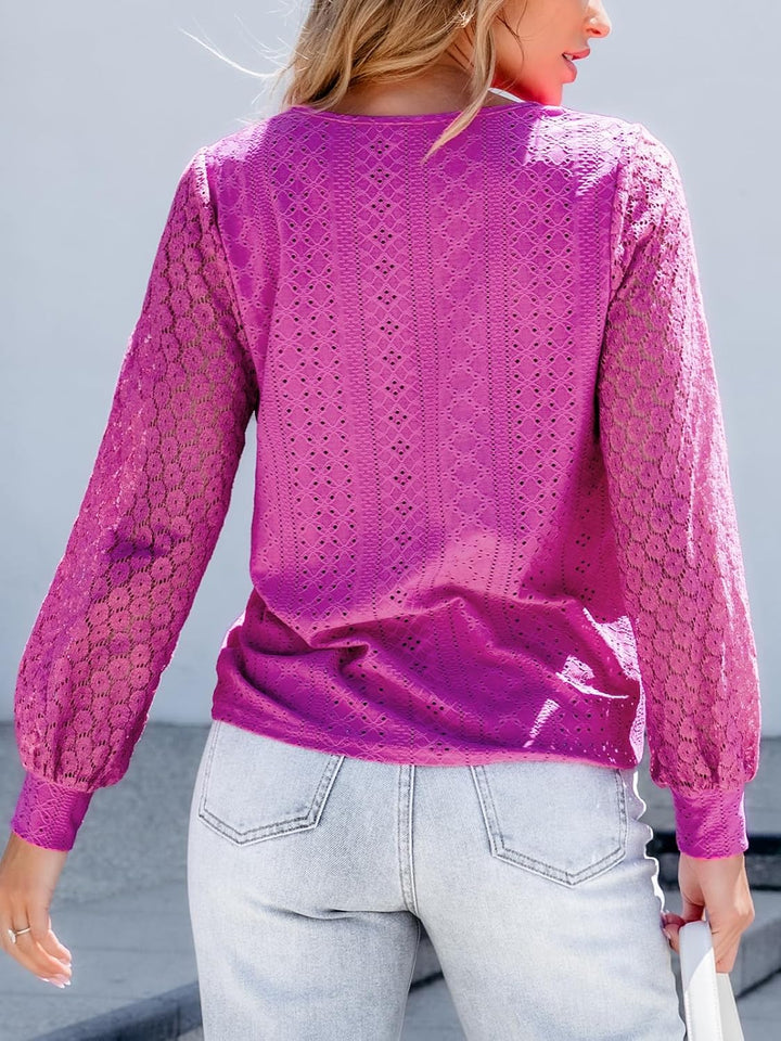 CUPSHE Damen Blusen V-Ausschnitt Spitzen Wellenkante Puffärmel Langarmshirt Lässige Lace Oberteile T