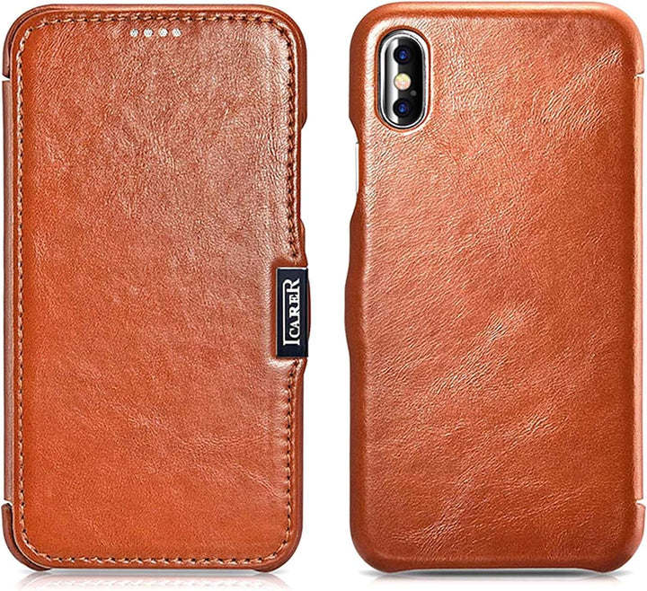 ICARER Hülle passend für Apple iPhone XS und iPhone X, Handyhülle mit echtem Leder, Case, Schutz-Hül