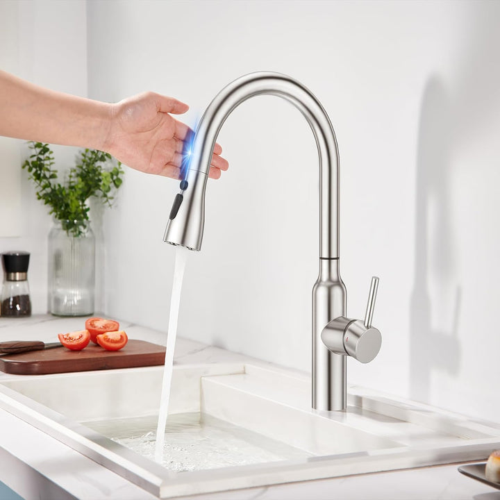 CREA Touch Sensor Wasserhahn Armatur Küche Ausziehbar, Küchenarmatur mit Brause Zwei Wasserstrahlart