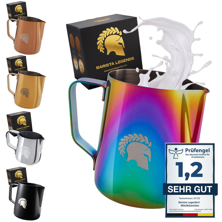 Barista Legends® Milchkännchen Edelstahl 350ml Bunt - mit speziellem Latte Art Ausguss - Milchkanne