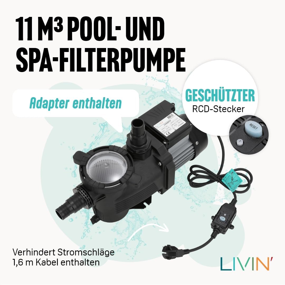 LIVIN' Poolpumpe 250W - Schwimmbad Schmutzwasserpumpe Poolfilter LIV425RCD im Pool Zubehör mit hoch