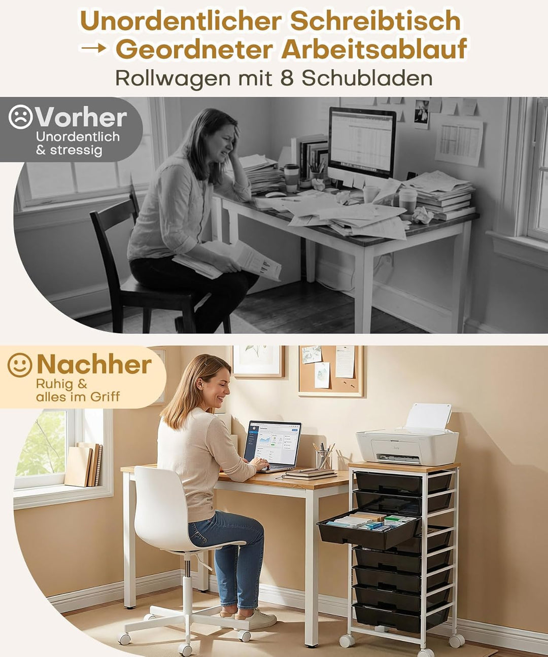 Yorbay Rollwagen mit 8 Schubladen: Aufräumen von Schreibtisch & Kommode – Kippschutz & sanfter Lauf