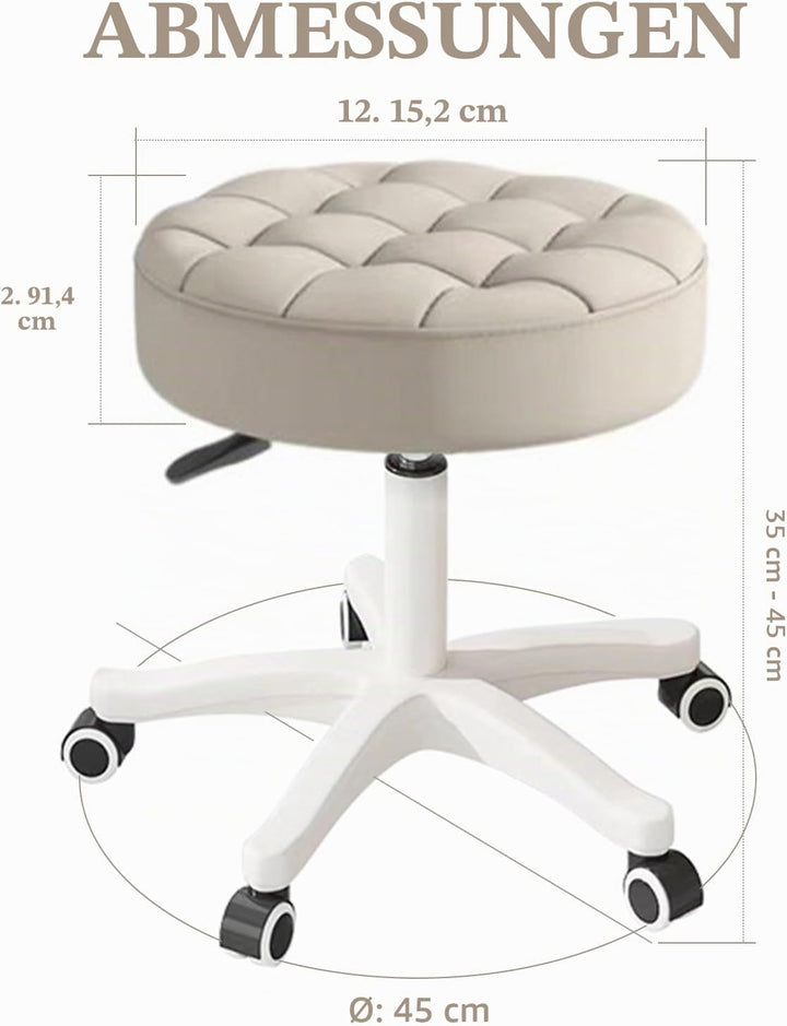 Kleiner Stuhl, runder Drehhocker mit Rollen, Sitzhöhe 35–45 cm, 360° drehbar, PU-Leder, höhenverstel