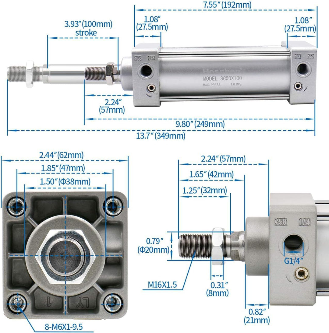 Heschen Pneumatischer Standard-Luftdruckzylinder, SC 50-100, PT1/4" Anschluss, 50mm Bohrung, 100mm H