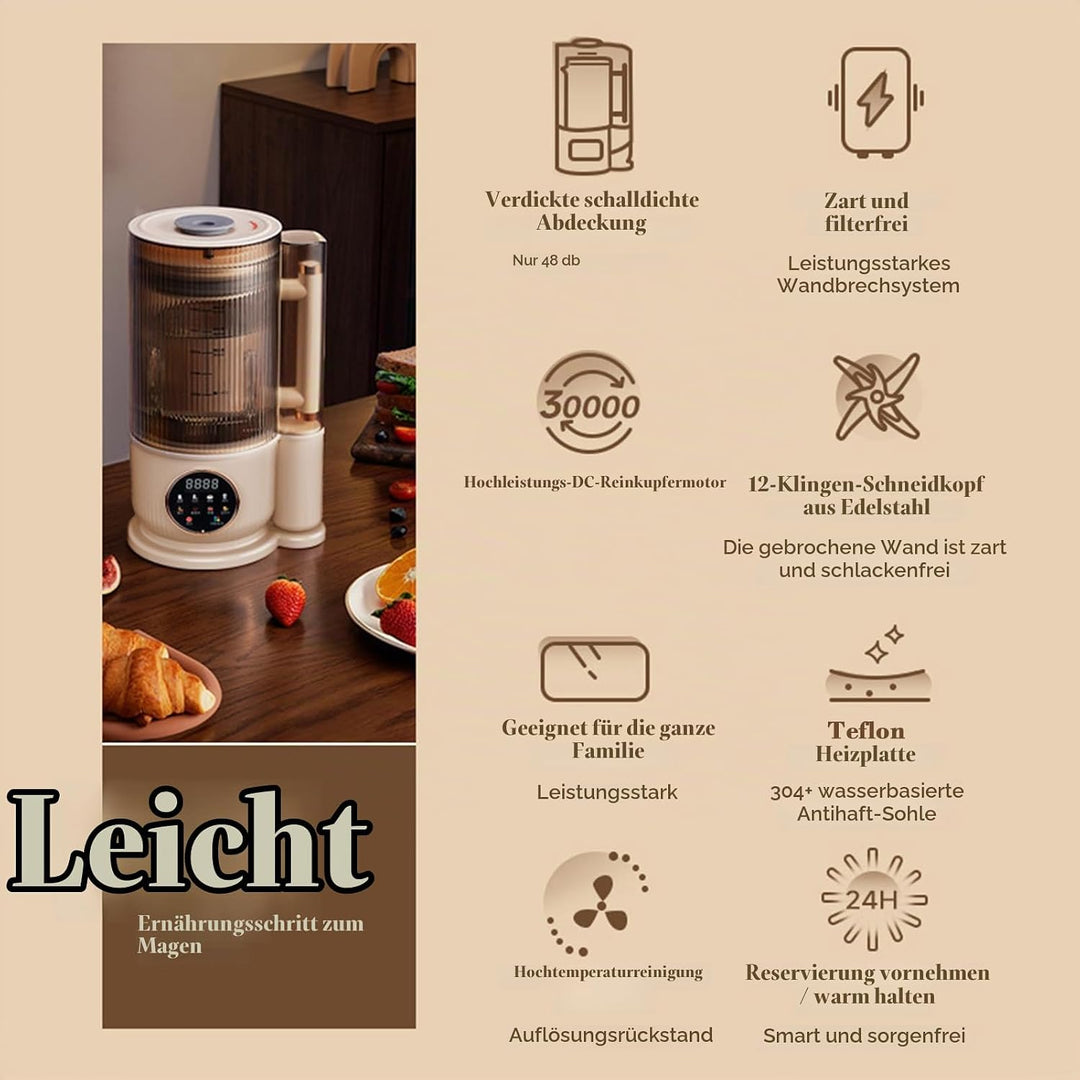 Irishom 1.5L Nussmilchbereiter, Hafermilchbereiter &amp; Sojamilchmaschine mit Schallschutzhaube, 12 Ede