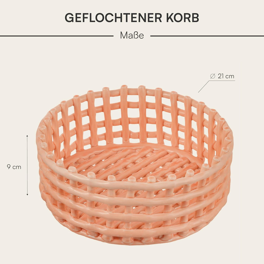 Baroni Home Mehrzweck-Korb aus Keramik, geflochten, Obstkorb, Tischdeko, Taschenleerer (rund, rosa)