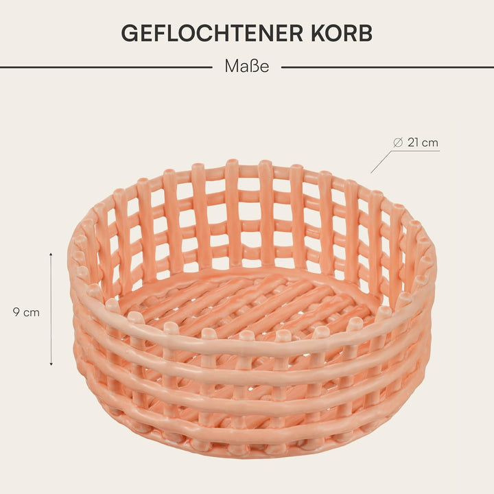 Baroni Home Mehrzweck-Korb aus Keramik, geflochten, Obstkorb, Tischdeko, Taschenleerer (rund, rosa)