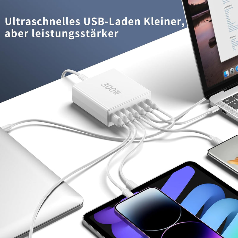 FINIBO 300W USB C Ladegerät Mehrfach: 7-Ports USB Schnellladegerät mit 4 USB-C und 3 USB-A, USB Char