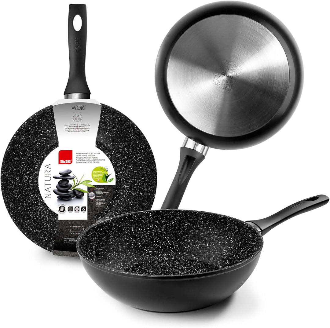 IBILI - Wok Natura, 30 cm, Aluminium, Anti-Haft-Beschichtung im Stein-Stil, geeignet für Induktion