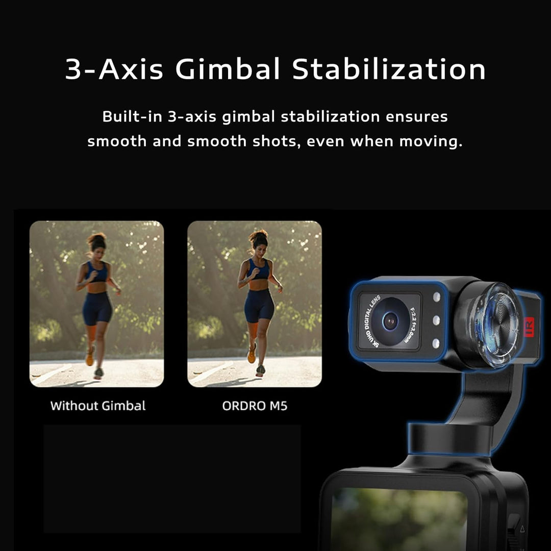 ORDRO M5 5K Vlogging Camera with 3-Axis Stabilizer 120° Ultra-Wide Angle IR Night Vision 3.5'' Rotat
