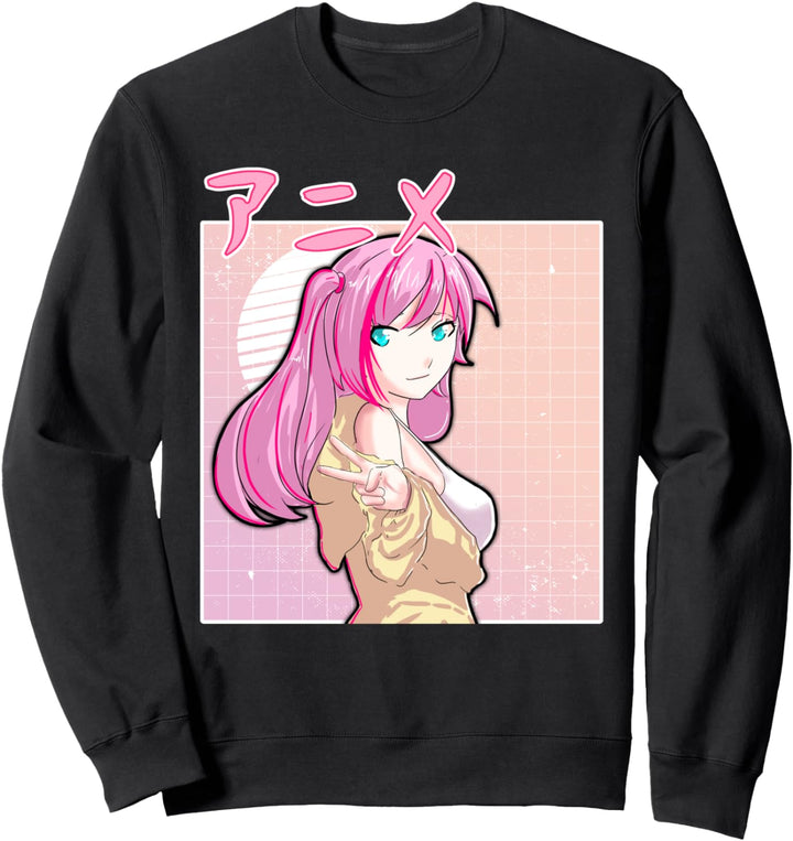 Anime Girl Retro Japanese Vaporwave Aesthetic Pink Sweatshirt