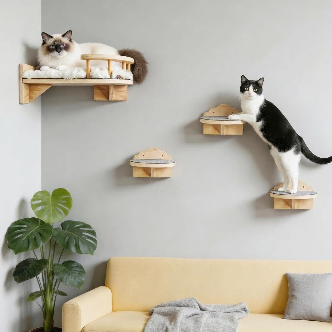 Kletterwand Katzen 4PCS Katzenkletterwand Set Kratzbaum Wand Katze Catwalk Wandelement Wandliege Kat