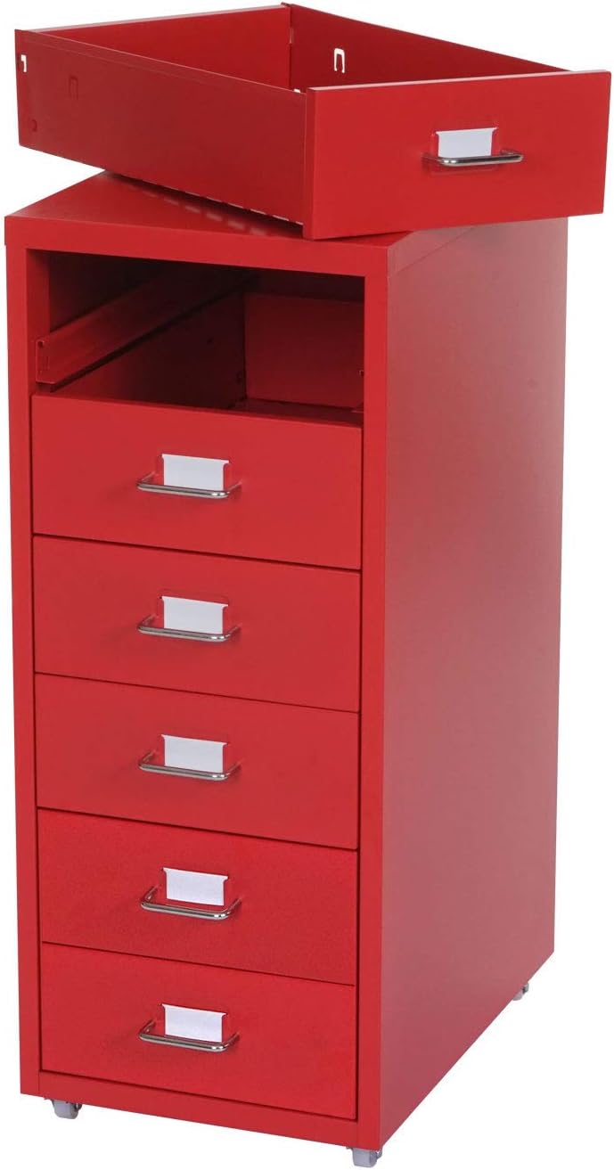 Mendler Rollcontainer Boston T851, Schubladenschrank Stahlschrank, 69x28x41cm 6 Schubladen - rot, Ro