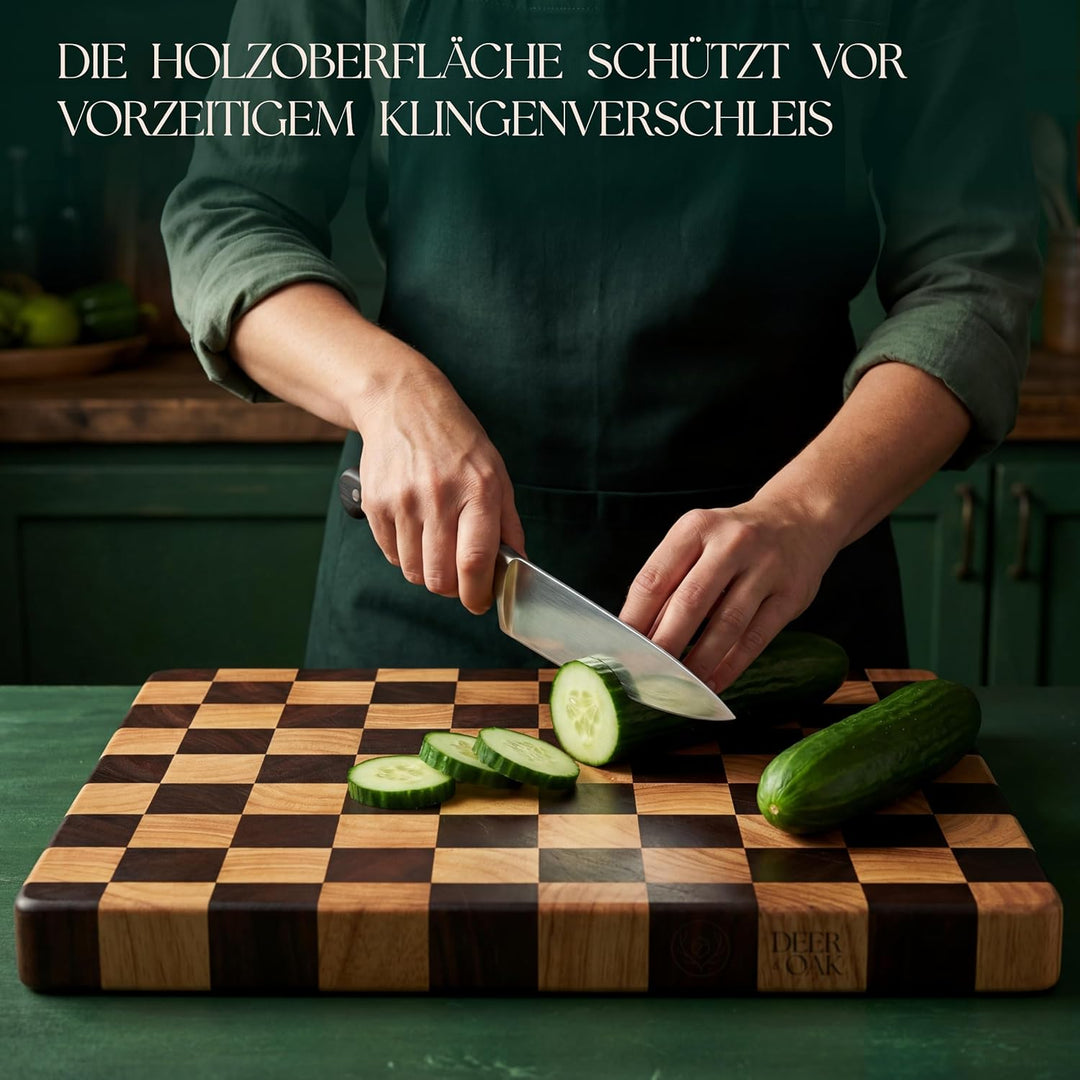 Deer & Oak Stirnholz Akazien Schneidebrett mit Schachmuster & lebensmittelechtem Öl Set – 45 x 31 x