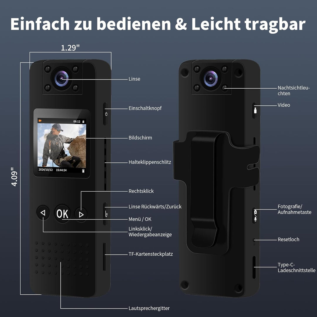 4K Bodycam Körperkamera Mini, Body Cam mit APP, Mini Body Camera Bewegungserkennung Tragbare Überwac