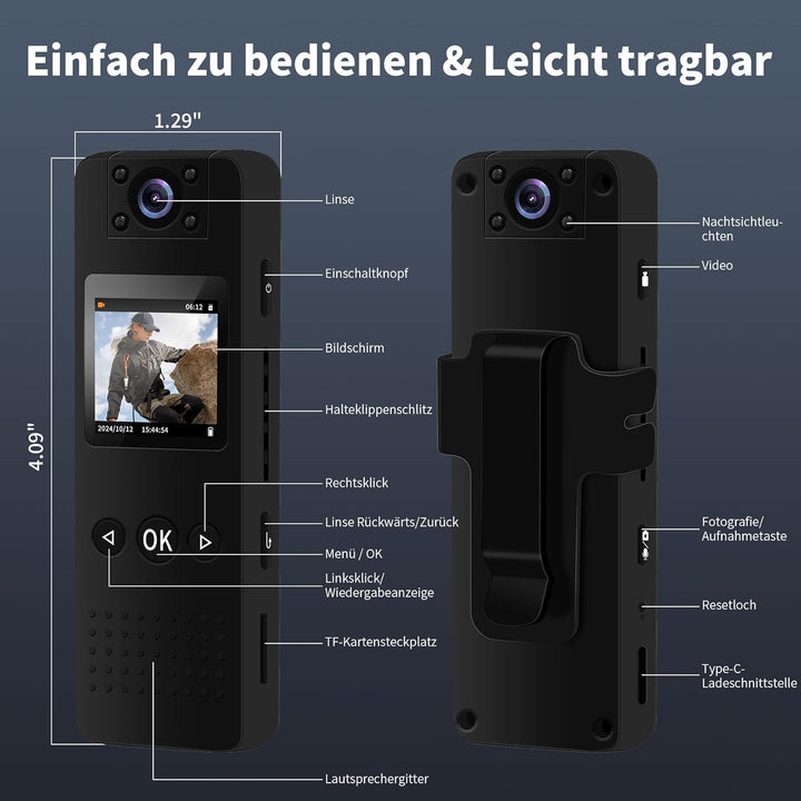 4K Bodycam Körperkamera Mini, Body Cam mit APP, Mini Body Camera Bewegungserkennung Tragbare Überwac