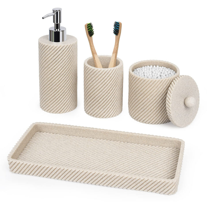 Badezimmer-Zubehör-Set, 4-teilig, Lotion-Seifenspender, Zahnbürstenhalter, Qtip-Halter, Schminktisch