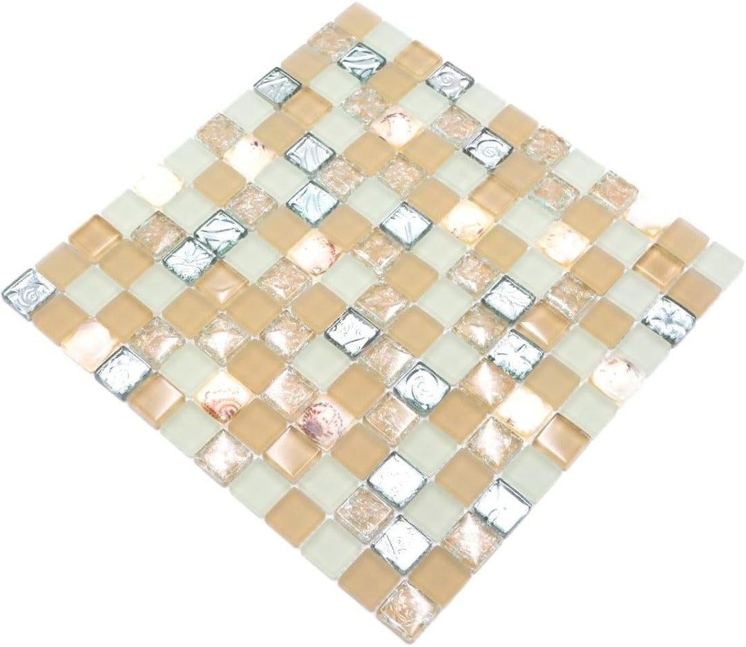 Mosaik Quadrat Crystal Muschel beige Glasmosaik Transluzent Transparent 3D, Mosaikstein Format: 23x2