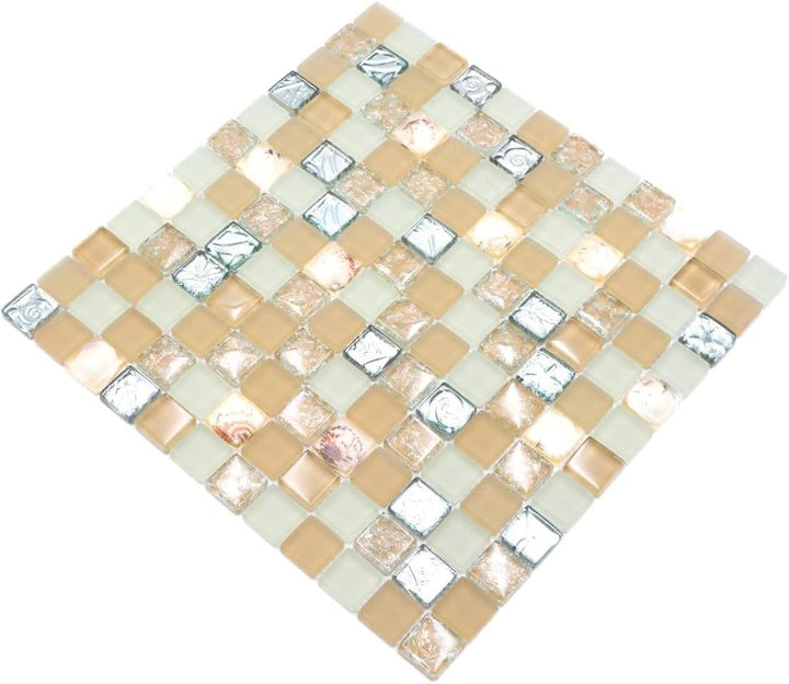 Mosaik Quadrat Crystal Muschel beige Glasmosaik Transluzent Transparent 3D, Mosaikstein Format: 23x2