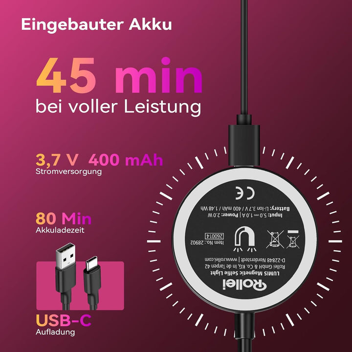 Ringlicht Handy, Rollei Magnetische Selfie Light Kompatibel mit iPhone Android Smartphone Tablet Lap