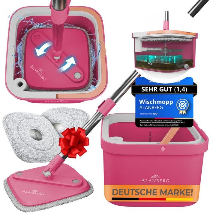 Wischmopp Set mit Eimer, 2-Kammer-System & 2 Mikrofaser-Pads, Flachmopp Bodenwischer mit Edelstahlst