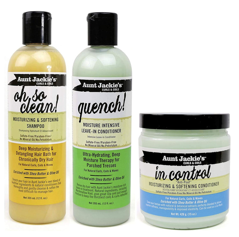 Aunt Jackie‘s Curls & Coils|3er-Set|Shampoo „Oh so Clean“, 355 ml|Leave-In-Spülung „Quench“ für inte