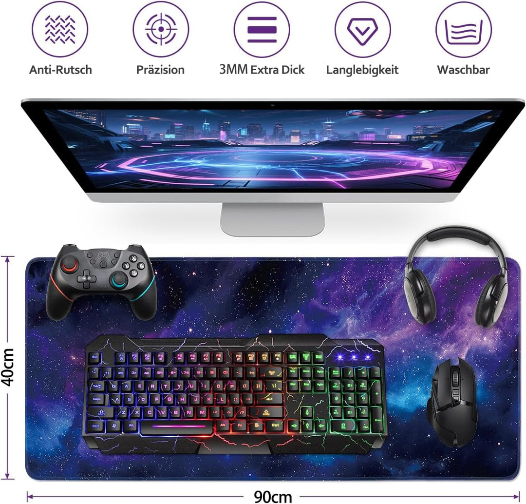Zindoo XXL Gaming Mauspad 900 x 400 mm mit Galaxie Motiv, Galaxie Motiv