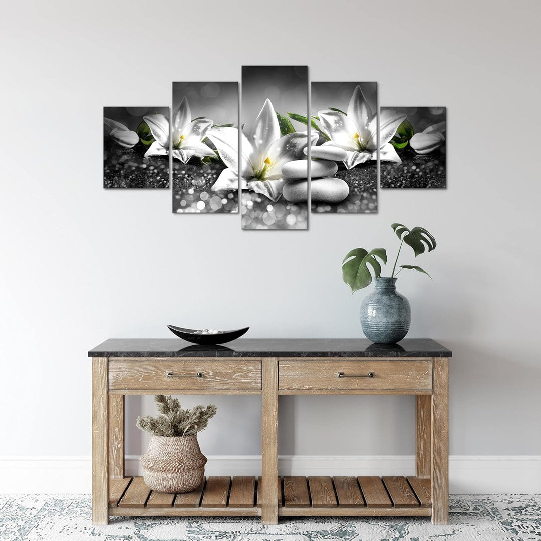 Runa Art Wandbilder Blumen Lilien 5 Teilig Bild auf Vlies Leinwand Deko Wohnzimmer Feng Shui Schwarz