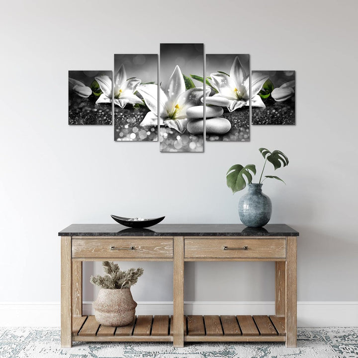 Runa Art Wandbilder Blumen Lilien 5 Teilig Bild auf Vlies Leinwand Deko Wohnzimmer Feng Shui Schwarz