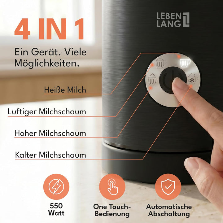 LEBENLANG Milchaufschäumer Elektrisch 4-in-1-300ml & 500W I Antihaftbeschichtet + 3 Ersatzschäumer I