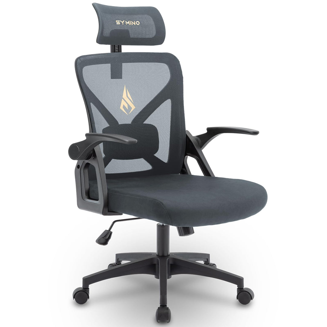 Symino Bürostuhl Ergonomisch, Schreibtischstuhl mit Verstellbarer Kopfstütze, Armlehnen, Lordosenstü