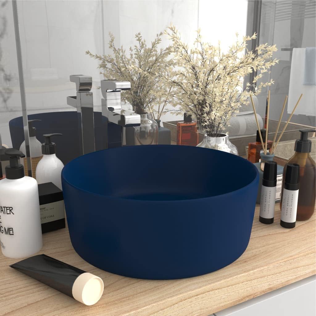 WIFESE Luxuriöses Waschbecken Rund Matt Dunkelblau 40x15 cm Keramik Aufsatzwaschbecken Eckig Badezim