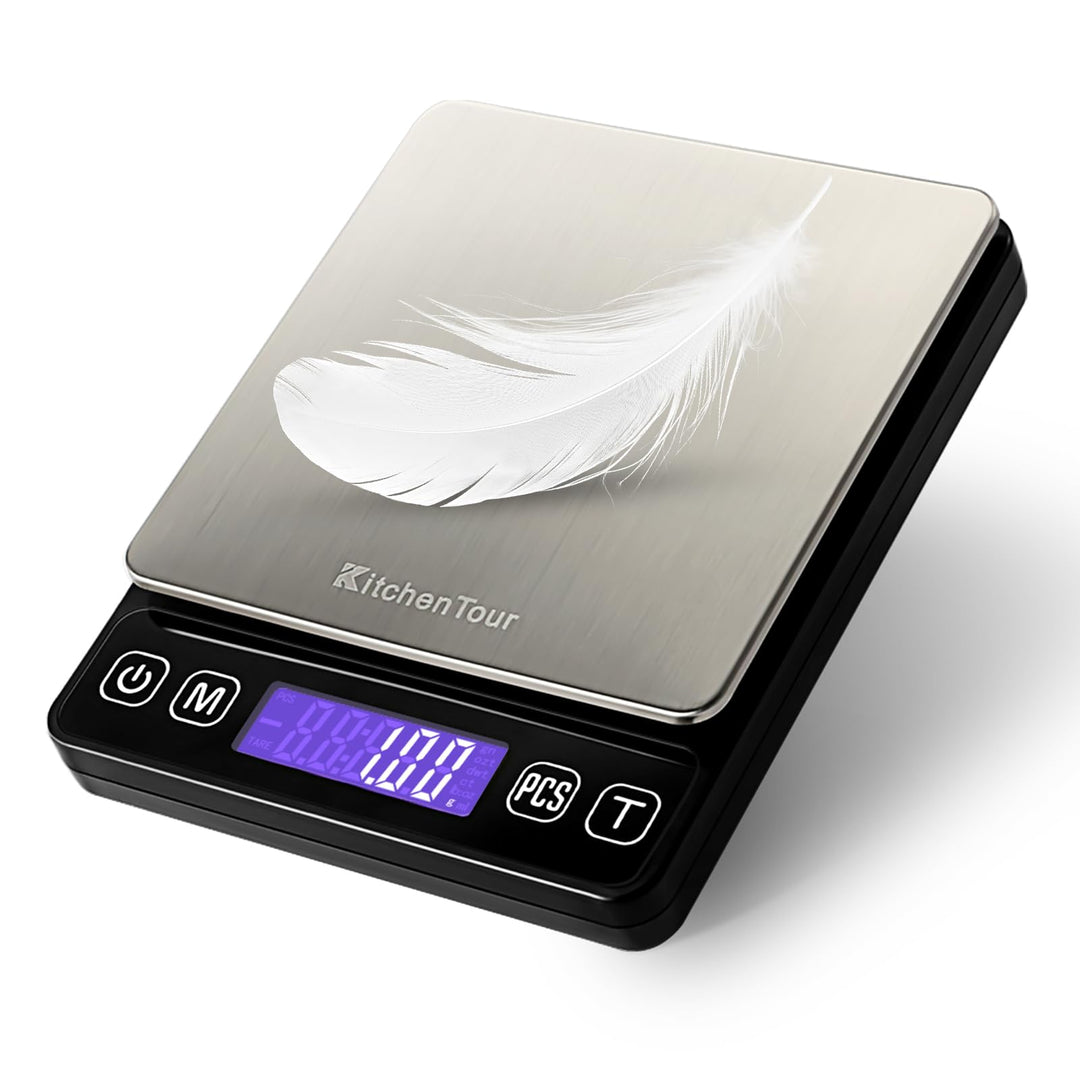 KitchenTour Digitale Küchenwaage – 3000g/0,1g Präzisionswaage mit 9 Einheiten (g/oz/ml/lb/lb:oz/gn/