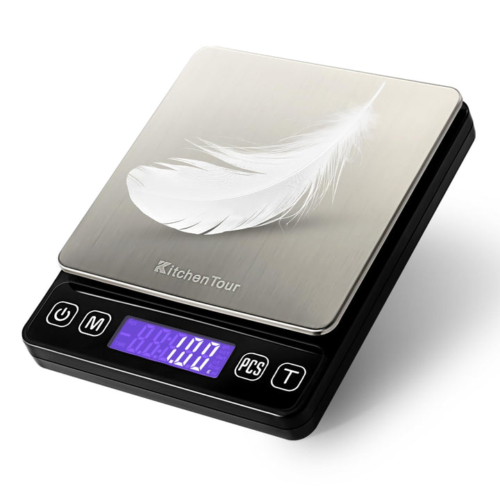 KitchenTour Digitale Küchenwaage – 3000g/0,1g Präzisionswaage mit 9 Einheiten (g/oz/ml/lb/lb:oz/gn/