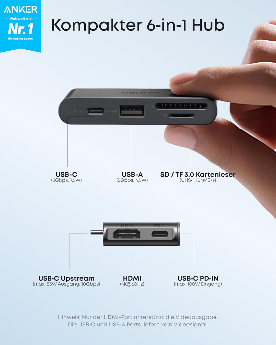 Anker Nano Hub, Kompakter 6-in-1 USB-C Hub mit 85W PD-Ladefunktion (Netzteil Nicht enthalten), 4K@60