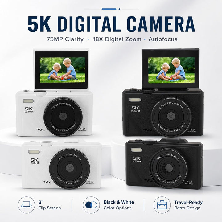 5K 75MP Digitalkamera mit 18 facher Optischer Zoomstabilisierung, 3 Zoll Flip Bildschirm, Retro Digi